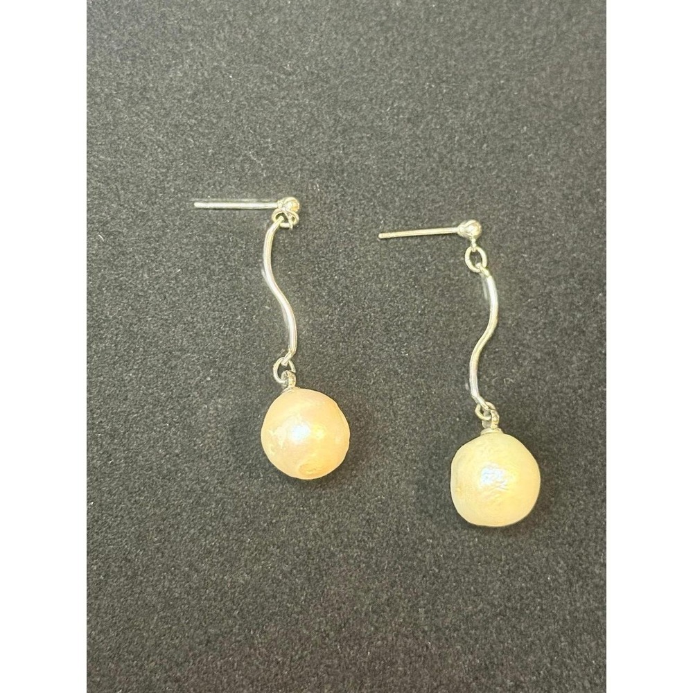 Pearl Drop Earrings Dangling Silver Tone